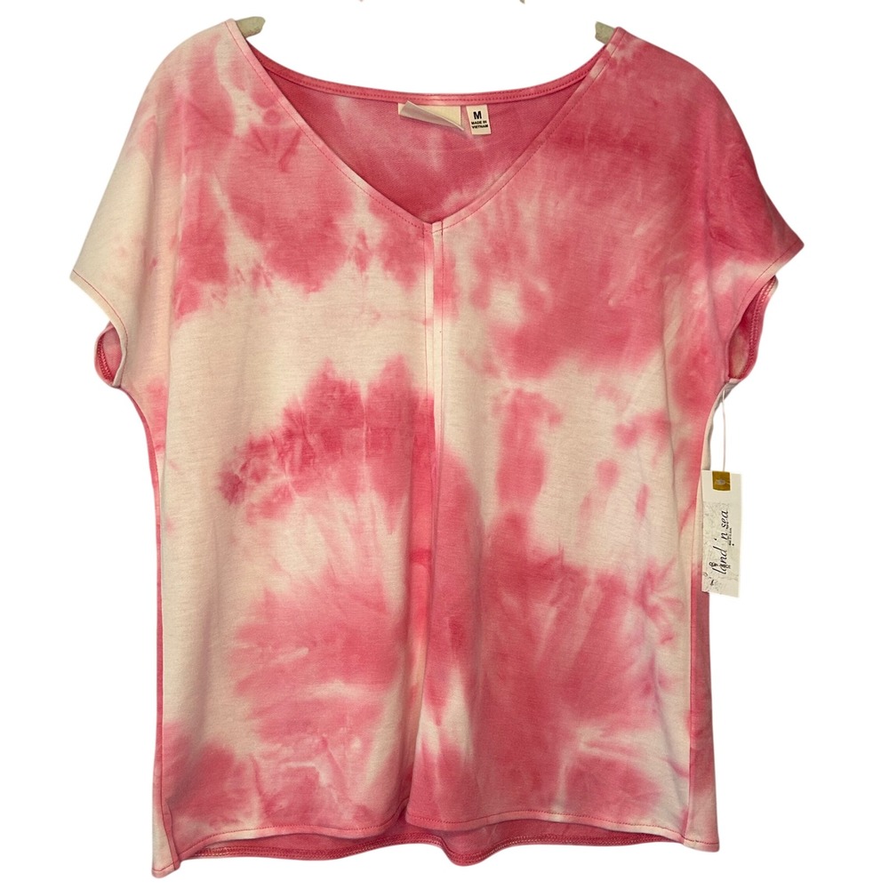 Land n Sea Pink White Tie Dye V-Neck‎ Top Short Sleeve French Terry Medium NWT